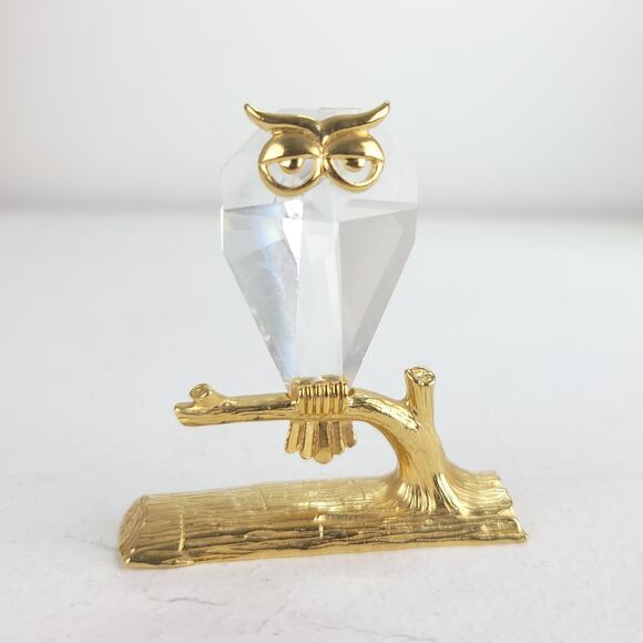 Vintage Owl on Branch Figurine Beveled Crystal Prism Gold Toned Glass Wise - Picture 1 of 8